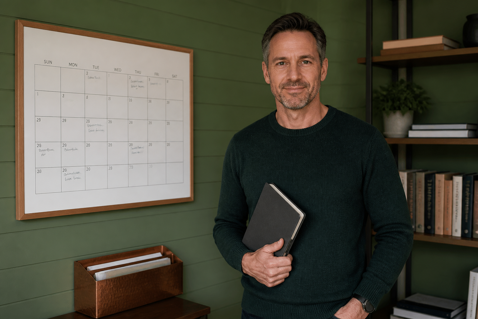 El socio junto a un calendario de pared, con un cuaderno cerrado